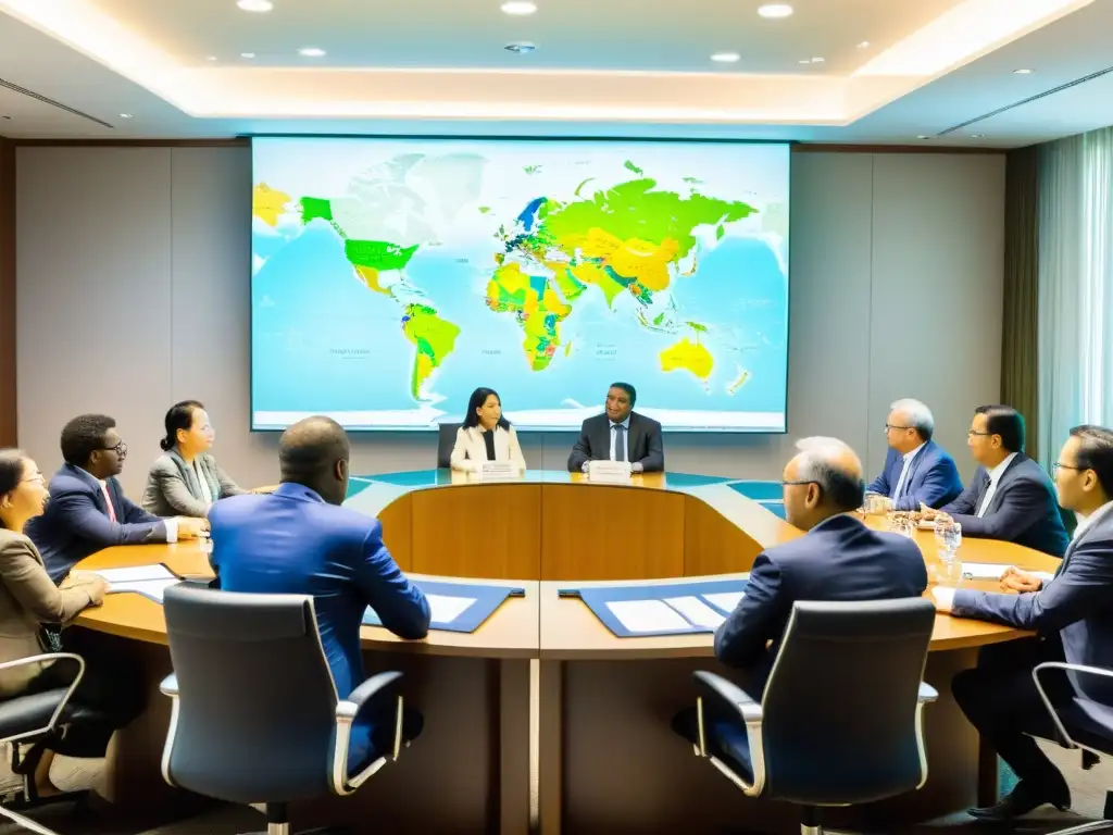 Representantes de ONGs discuten legislación internacional de propiedad intelectual en una sala llena de mapas y documentos legales