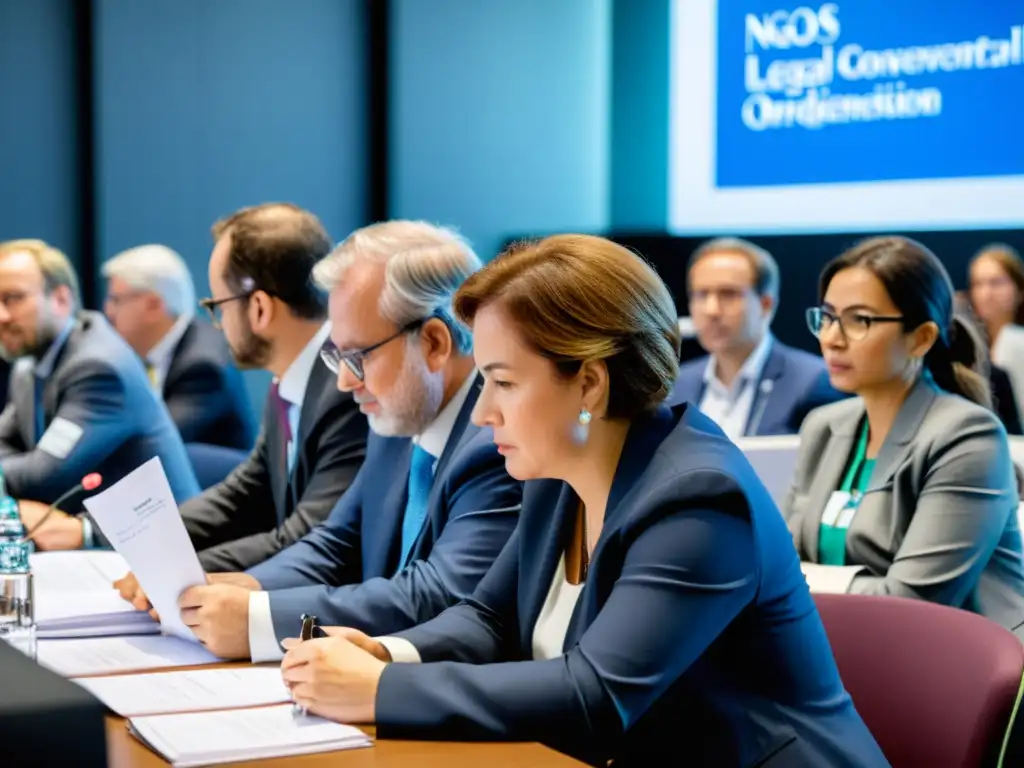 Representantes de ONGs internacionales discuten en conferencia sobre jurisdicción de La Haya, con papeles y laptops sobre la mesa