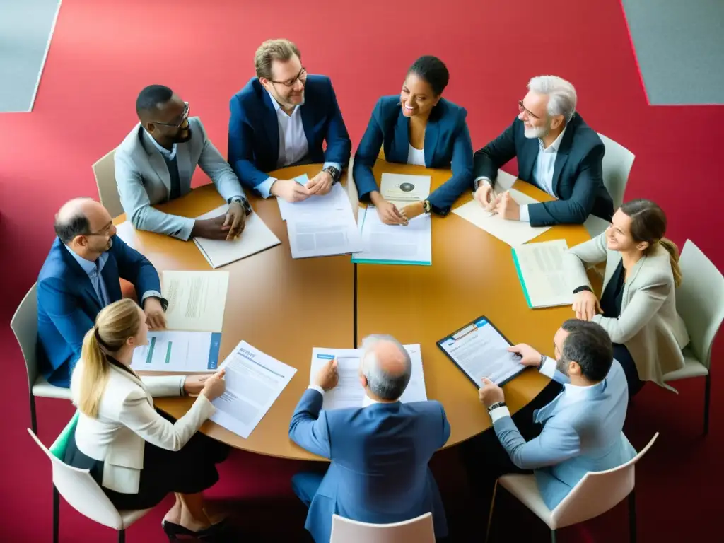 Representantes de ONGs internacionales en profunda discusión en la Convención de Viena, mostrando diversidad y colaboración