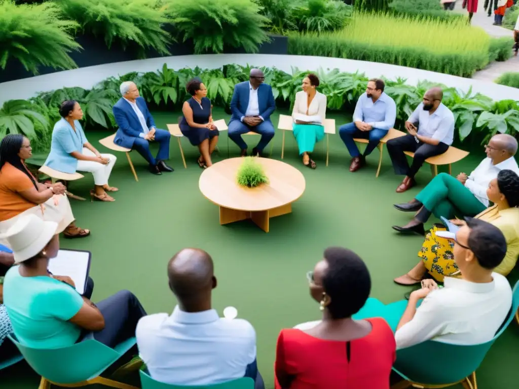 Representantes de ONGs, líderes empresariales y apasionados individuos se reúnen en círculo al aire libre, debatiendo sobre responsabilidad social y comunidades sostenibles, mostrando unidad y compromiso