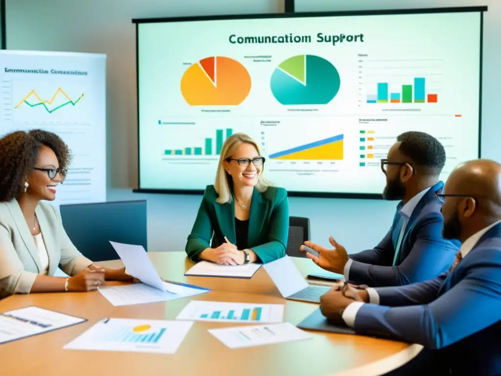 Representantes de ONGs y marcas colaboran en estrategias para potenciar la comunicación y las alianzas, rodeados de gráficos y reportes