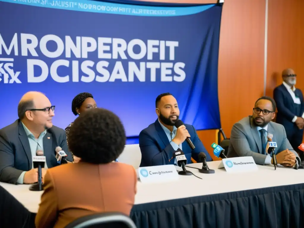 Representantes de ONGs y periodistas colaboran en una conferencia de prensa, promoviendo relaciones con los medios para ONGs