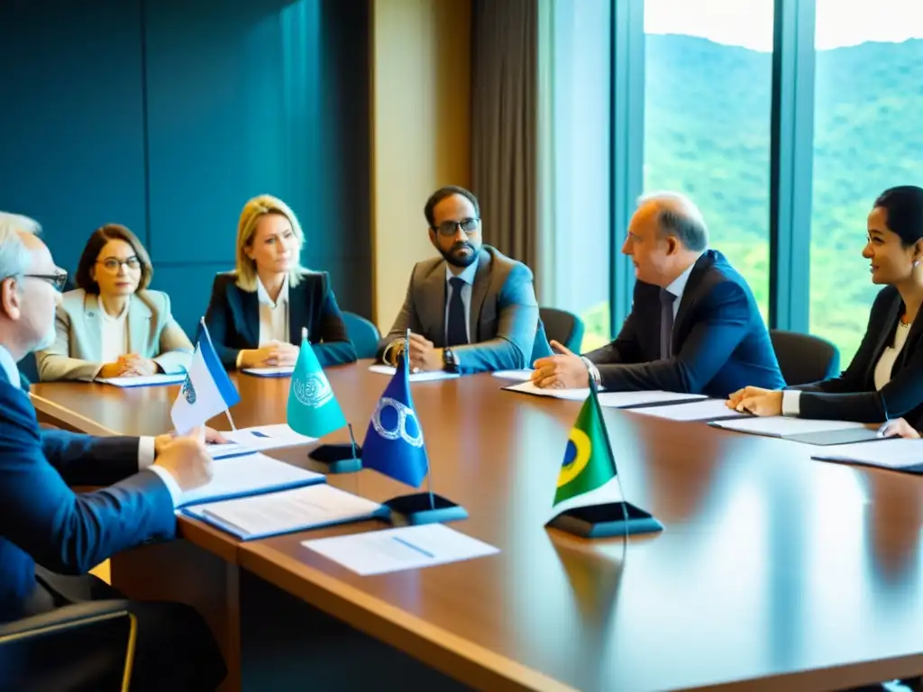 Representantes de ONGs en reunión diplomática global, discutiendo con determinación en sala de conferencias luminosa