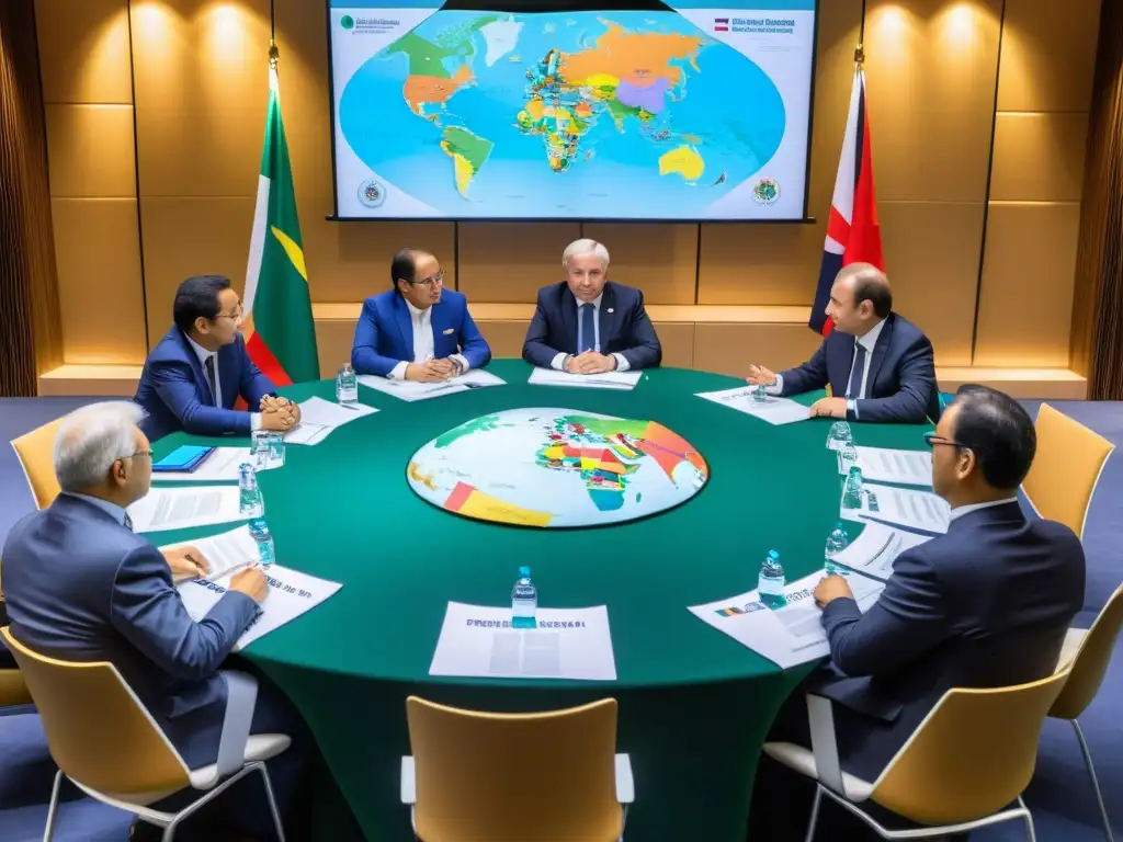 Representantes de ONGs en rol diplomático global, negociando con seriedad en una sala de reuniones iluminada, con mapas, documentos y banderas
