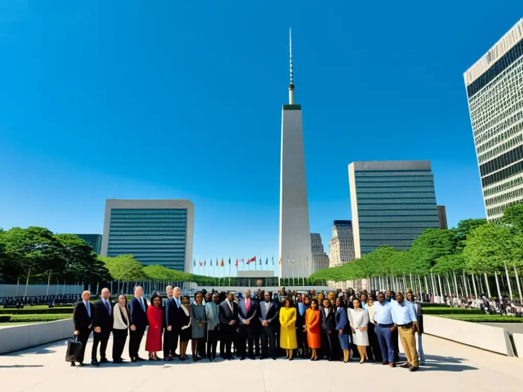 Representantes de ONGs frente a la sede de la ONU en Nueva York, dialogando con diplomáticos y funcionarios sobre regulación internacional del trabajo