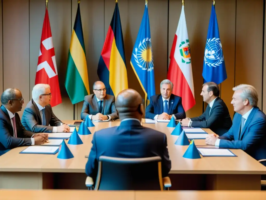 Representantes de organizaciones internacionales y la Corte Penal Internacional en La Haya, discuten en un ambiente colaborativo y solidario, con banderas de distintas naciones de fondo, transmitiendo profesionalismo y solidaridad internacional