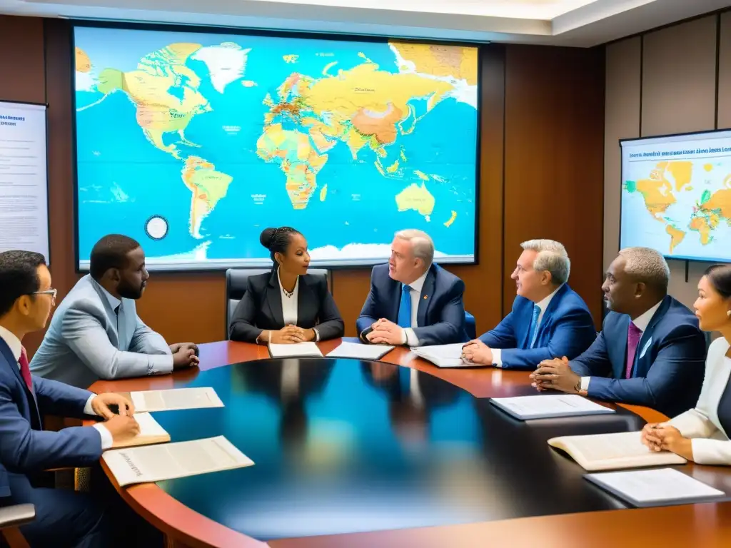 Representantes de diferentes países y culturas discuten leyes internacionales en una sala llena de mapas y documentos