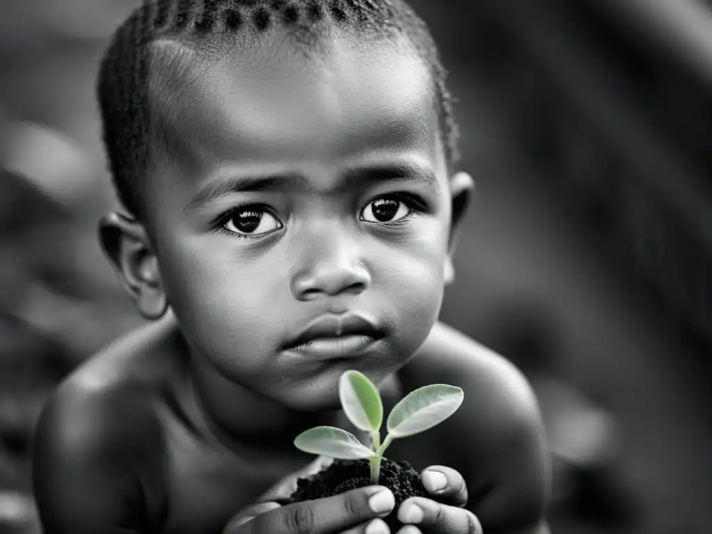 Retrato en blanco y negro de un niño de una comunidad marginada sosteniendo una planta, simbolizando esperanza y crecimiento