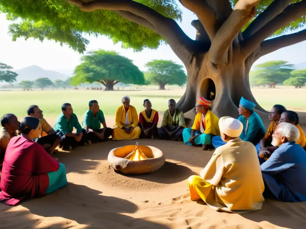 Reunión de la comunidad local bajo el árbol, escuchando la sabiduría del anciano