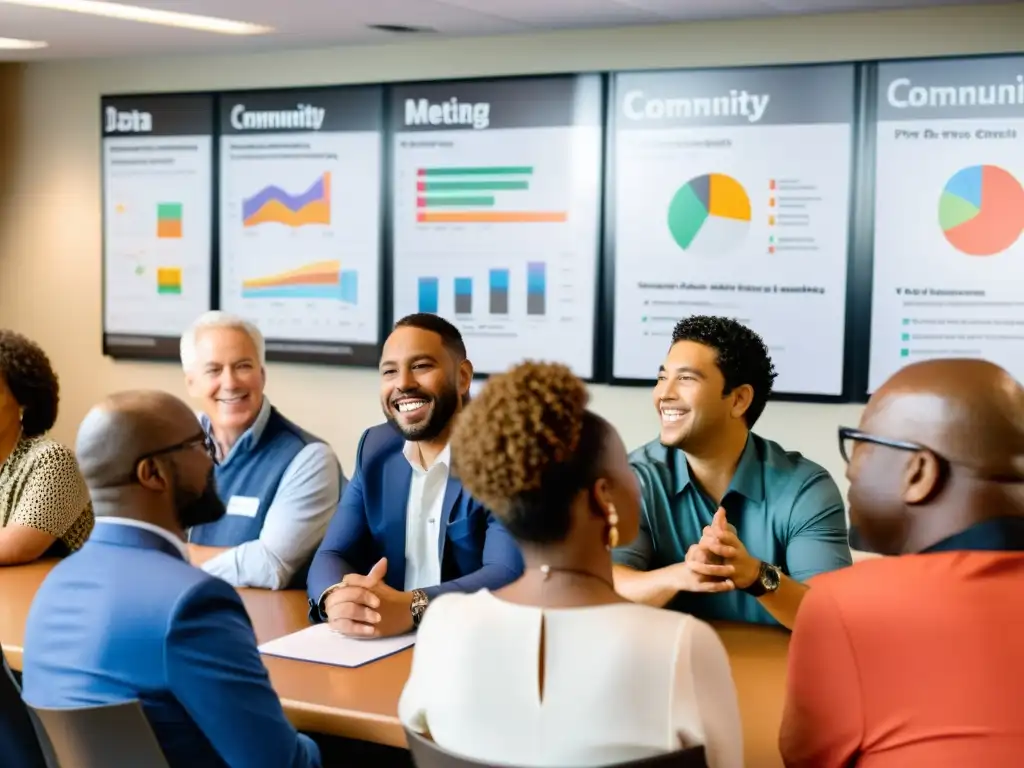 Una reunión comunitaria diversa con participantes activos y perspectivas variadas