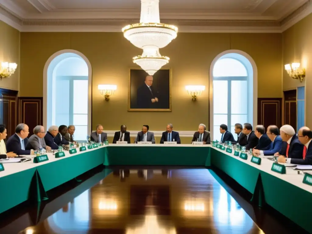 Reunión de diplomáticos y ONGs en intensa negociación por el papel de las ONGs en diplomacia en una majestuosa sala de conferencias