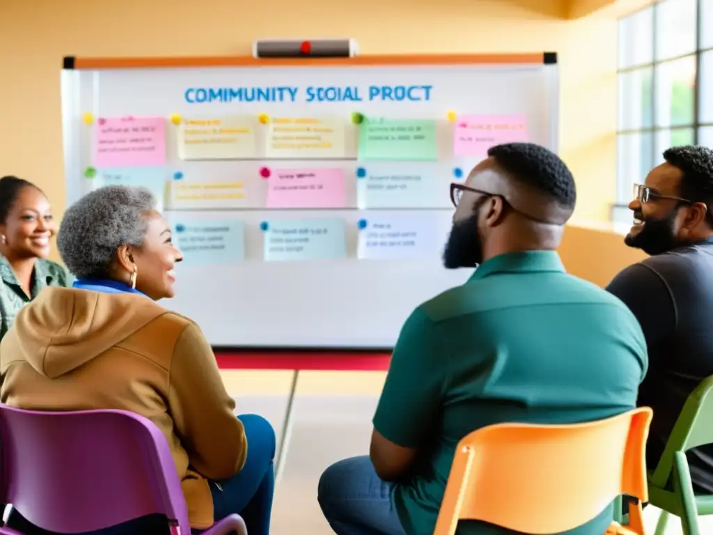 Reunión de diversa comunidad planificando proyectos sociales, técnicas asignación fondos