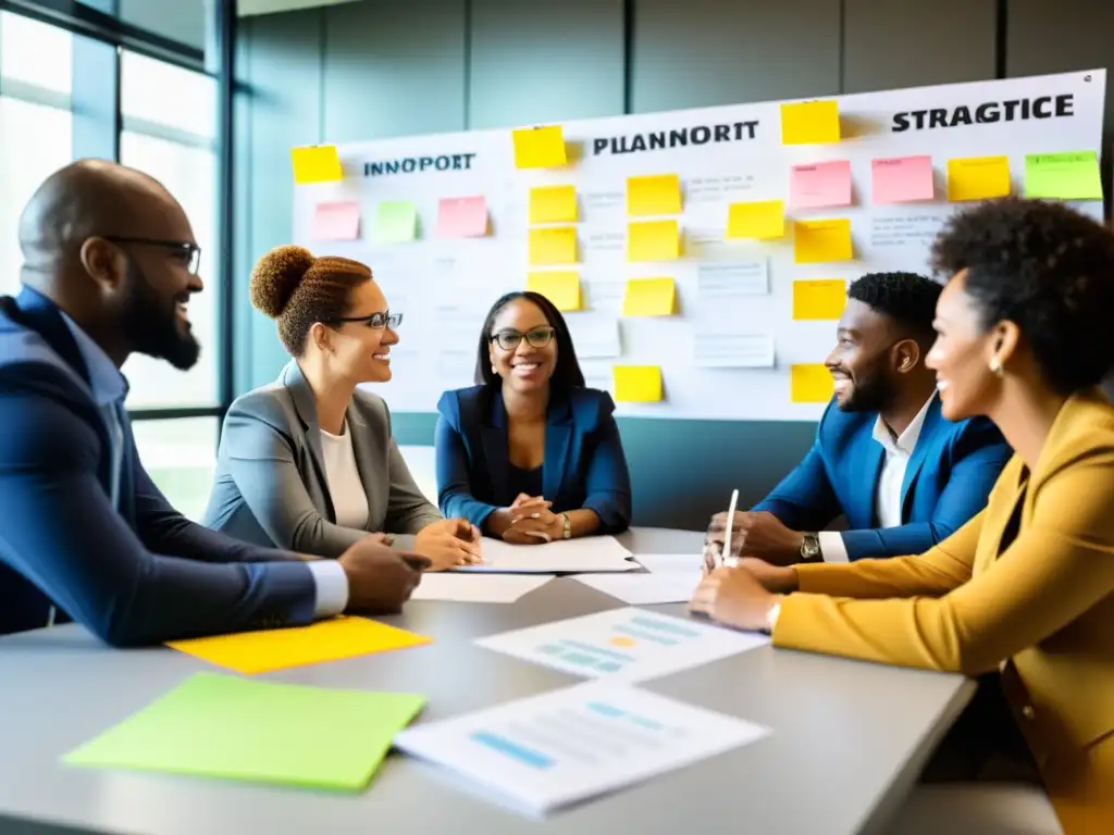 Reunión de planificación estratégica para ONGs en tiempos de cambio: equipo diverso colaborando en el diseño de estrategias innovadoras