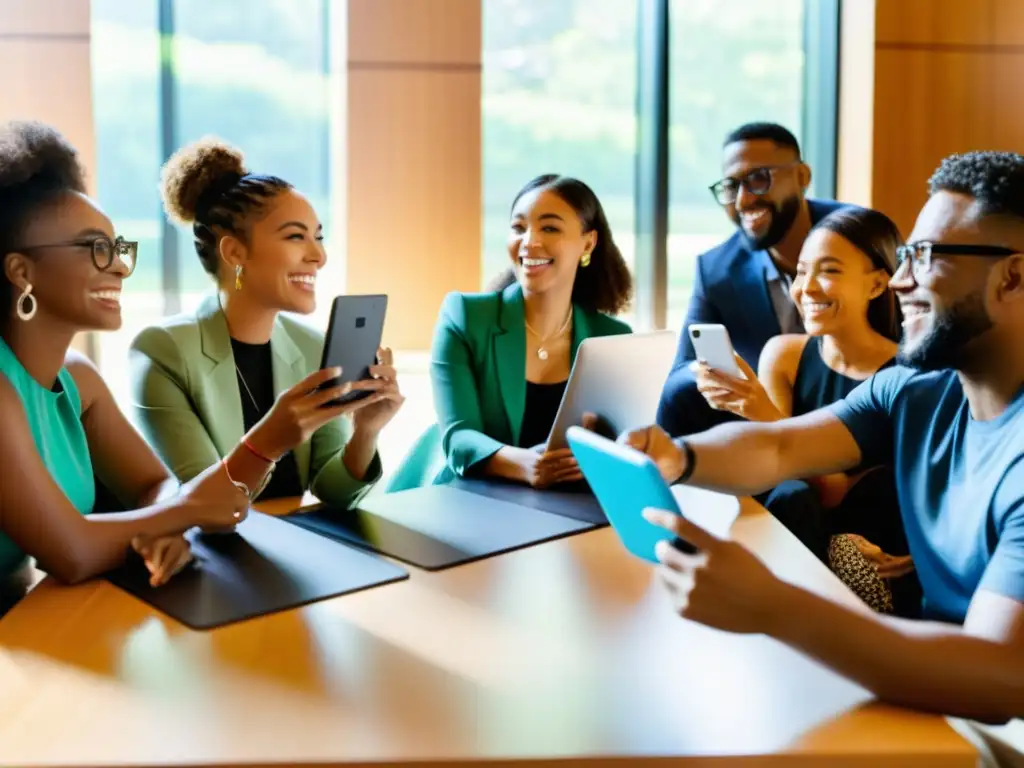 Cumbre de Influencers y ONG: Colaboración y Pasión Reunión de influencers y representantes de ONGs en una sala llena de energía, colaborando para mejorar reputación digital ONGs