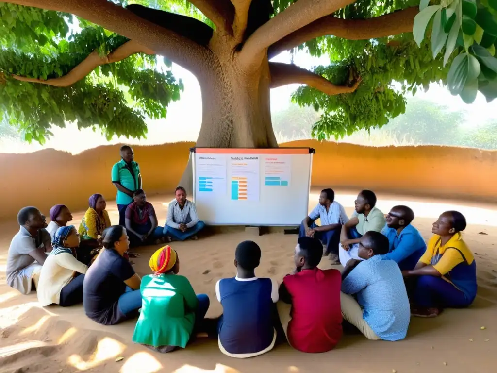 Reunión participativa bajo un árbol, discutiendo metas de proyectos ONG