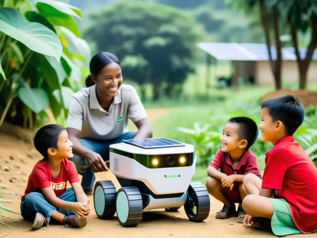 Un robot educativo interactúa con niños en una aldea rural, mientras una ONG supervisa