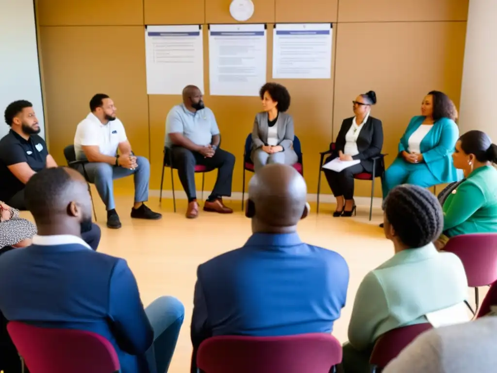 En una sala iluminada, personas diversas participan en una capacitación en salud mental con un facilitador