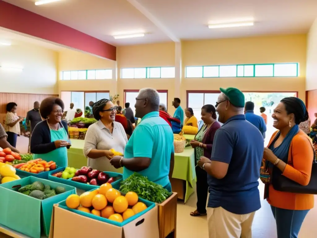 Implementación de sistemas de trueque ONG: Comunidad diversa intercambia bienes y servicios en un centro comunitario con ambiente cálido y vibrante