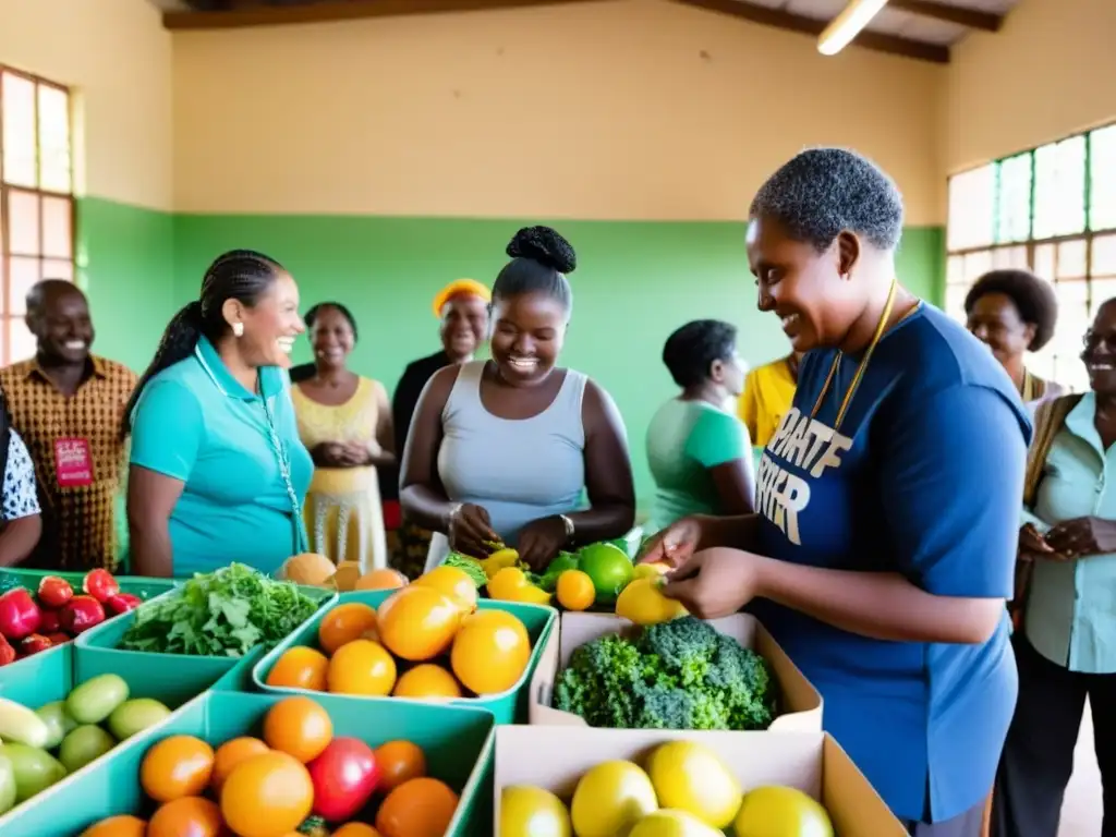 Implementación de sistemas de trueque ONG: Personas intercambian bienes en centro comunitario, creando ambiente vibrante y solidario