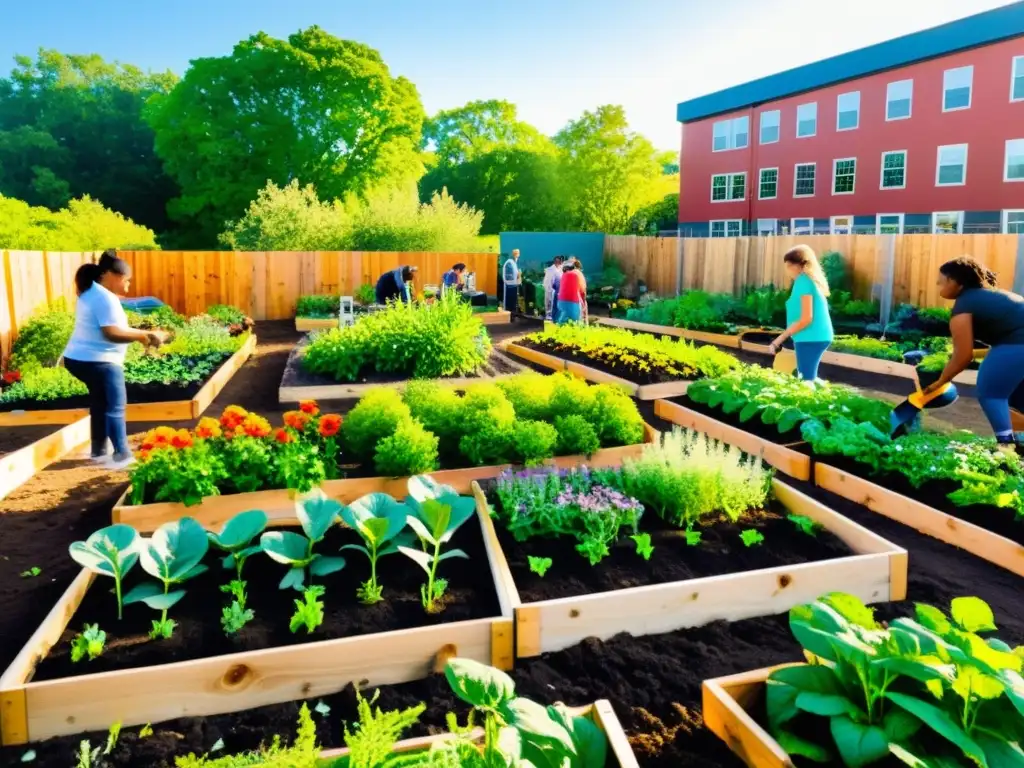 Sostenibilidad en proyectos comunitarios: Jardín comunitario bullicioso con plantas diversas en camas elevadas, voluntarios locales trabajando juntos