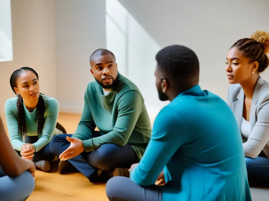 Terapia grupal fortalece equipos voluntarios en una reunión cálida y comprensiva, con expresiones de empatía y apoyo