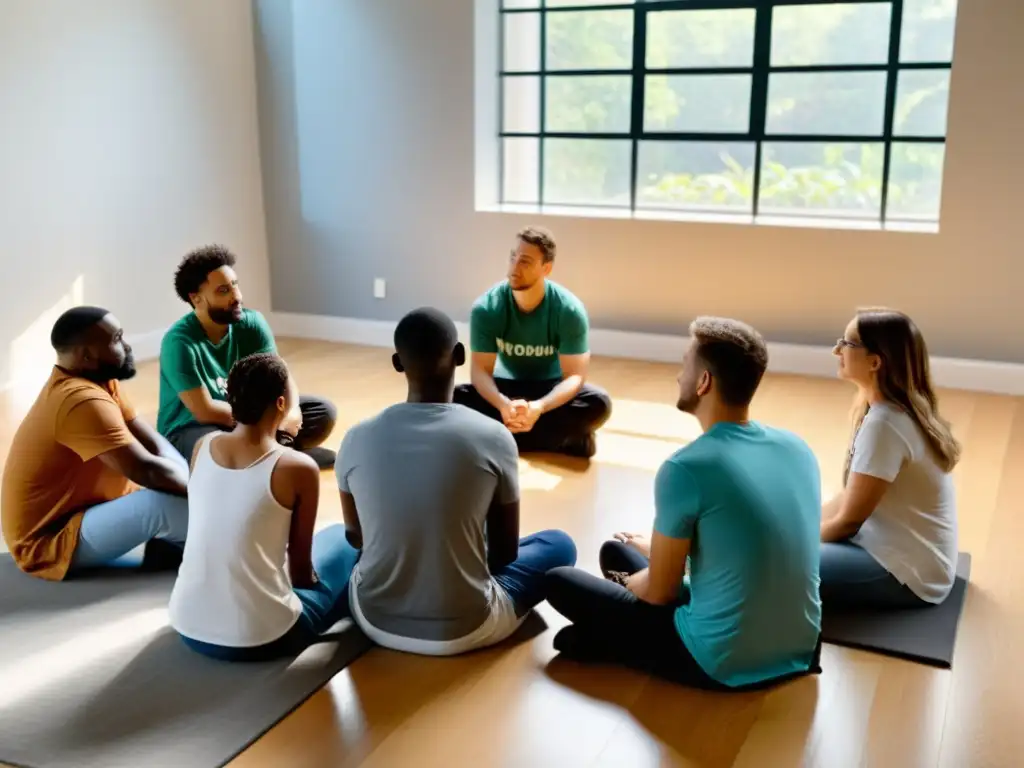 Terapia grupal fortalece equipos voluntarios en círculo de apoyo, con luz natural y conexión emocional