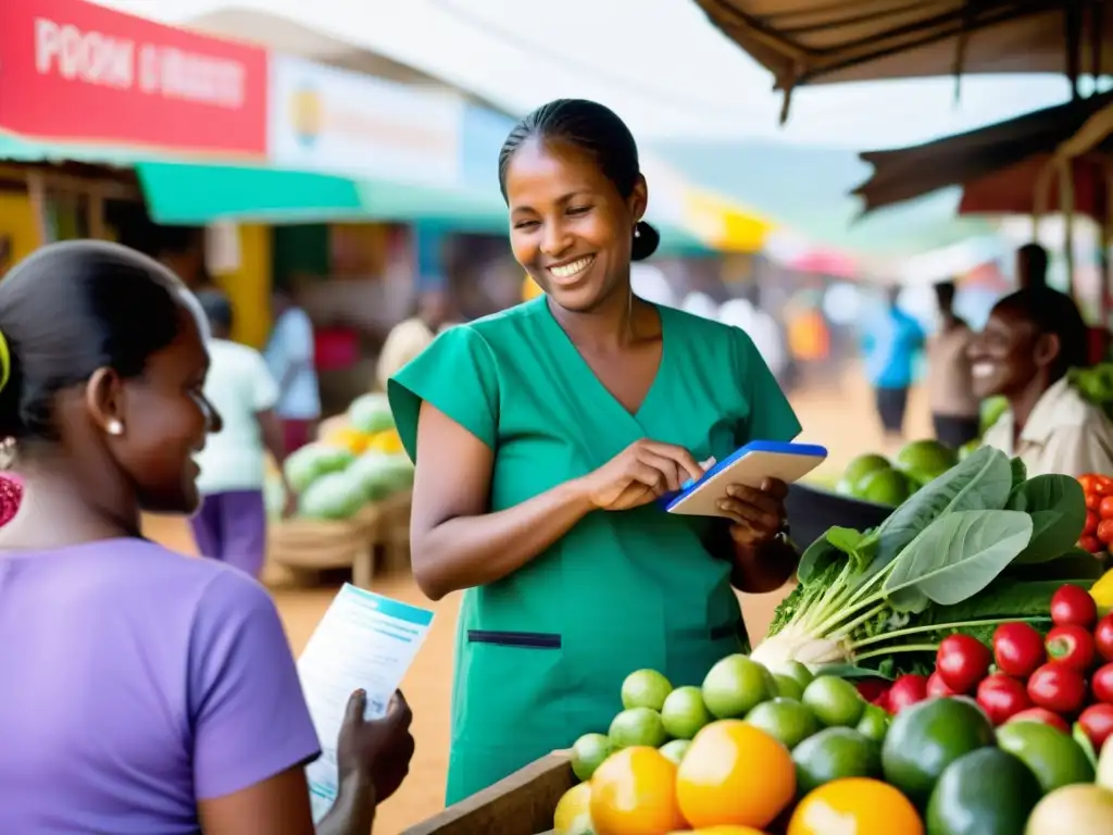 Una trabajadora de salud comunitaria realiza mediciones de impacto en proyectos de salud, interactuando con residentes locales en un bullicioso mercado, rodeada de coloridas frutas y verduras frescas