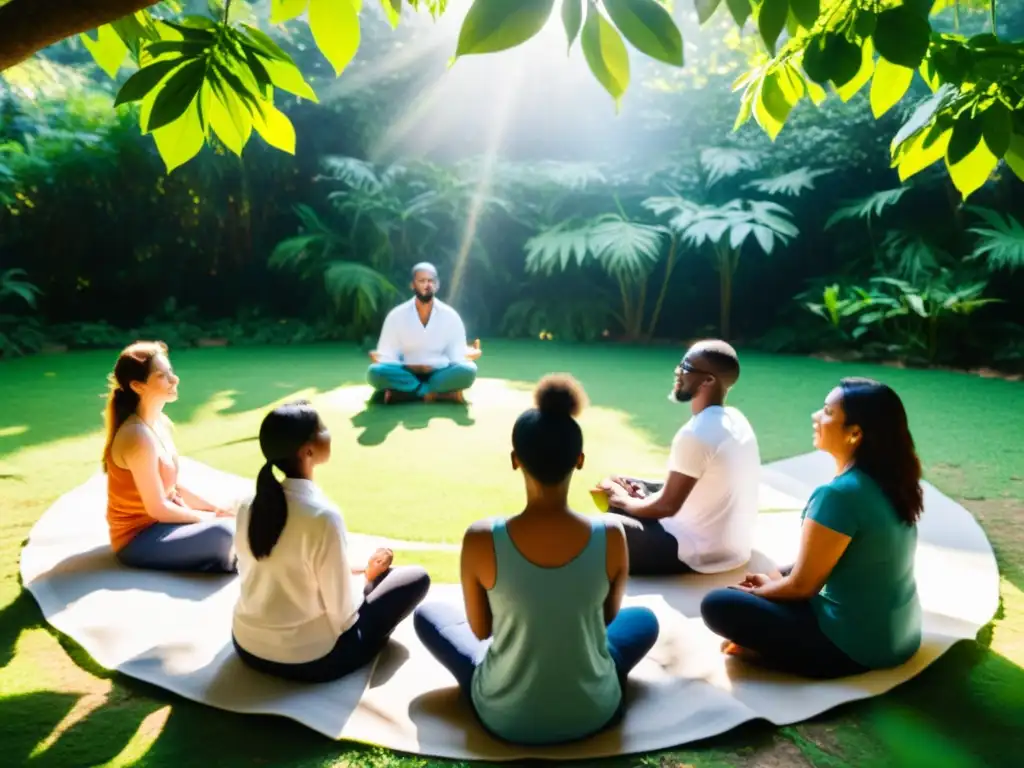 Trabajadores de ONG practican mindfulness al aire libre entre la naturaleza, fomentando el autocuidado