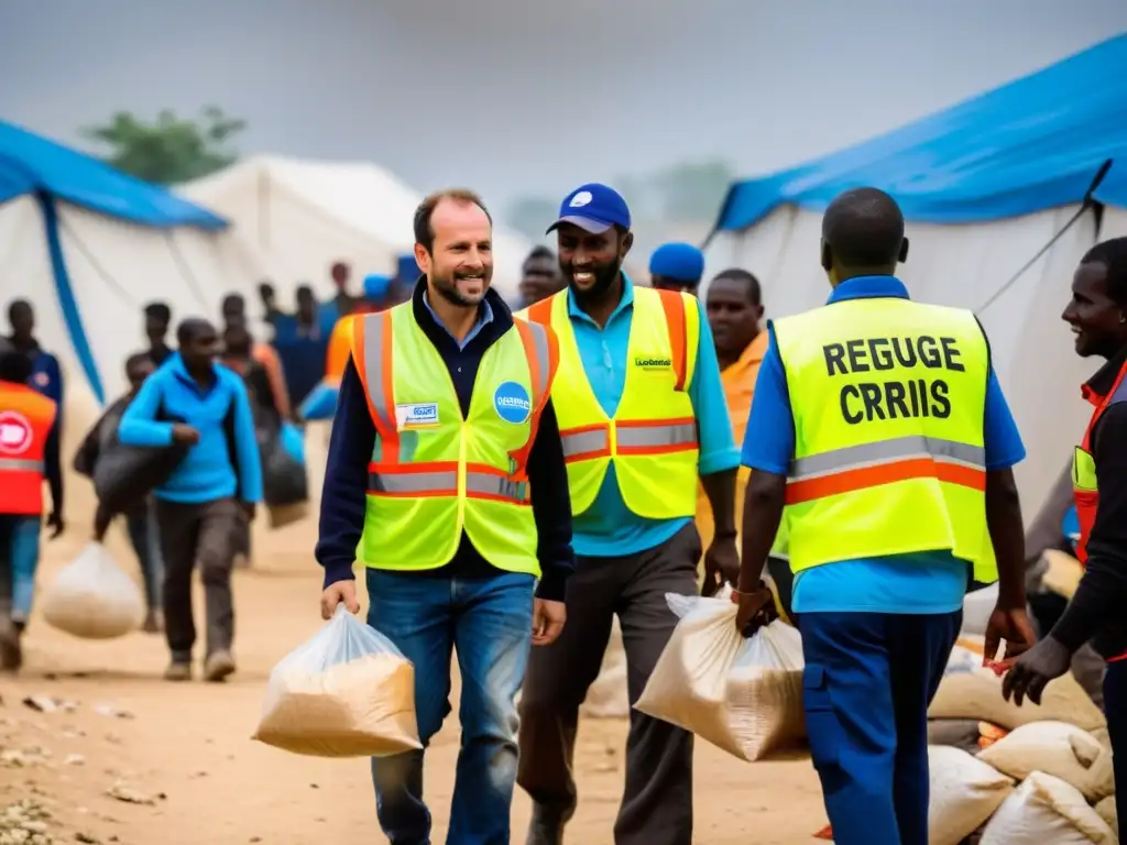 Trabajadores de ONG distribuyen ayuda en campamento de refugiados, reflejando la medición de impacto ONGs crisis en escenarios desafiantes