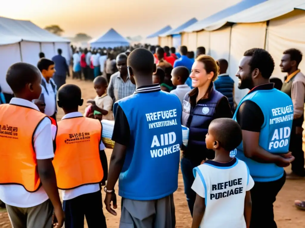 Trabajadores de cooperación internacional distribuyen ayuda en un campamento de refugiados, mostrando solidaridad en medio de la crisis