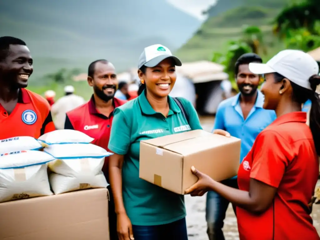 Trabajadores de ONG distribuyen ayuda en comunidad afectada por desastre natural, expresando gratitud y alivio