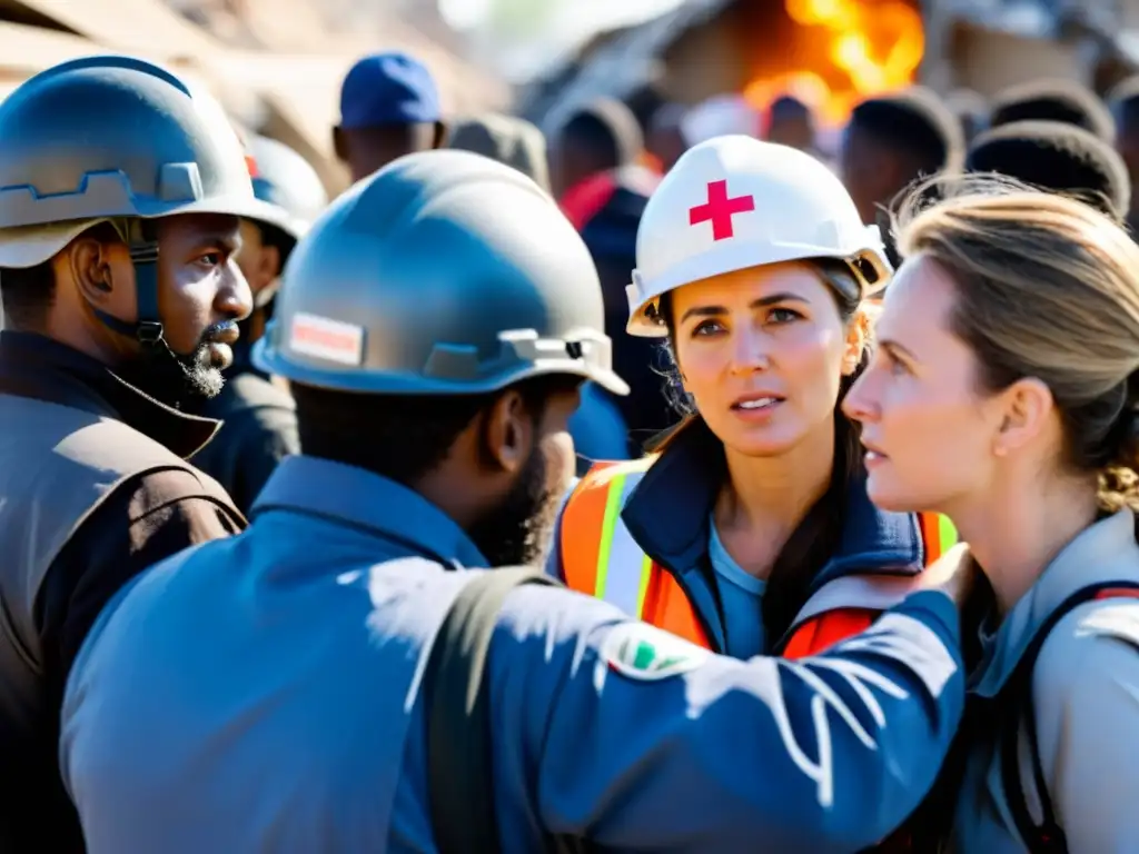 Humanitarios resilientes coordinan ayuda en crisis Trabajadores de ONG coordinando ayuda humanitaria en crisis, destacando la comunicación efectiva en circunstancias difíciles