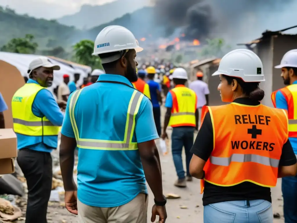 Trabajadores de ONG distribuyen ayuda en zona de crisis, mostrando la medición de impacto ONGs crisis con determinación y resiliencia