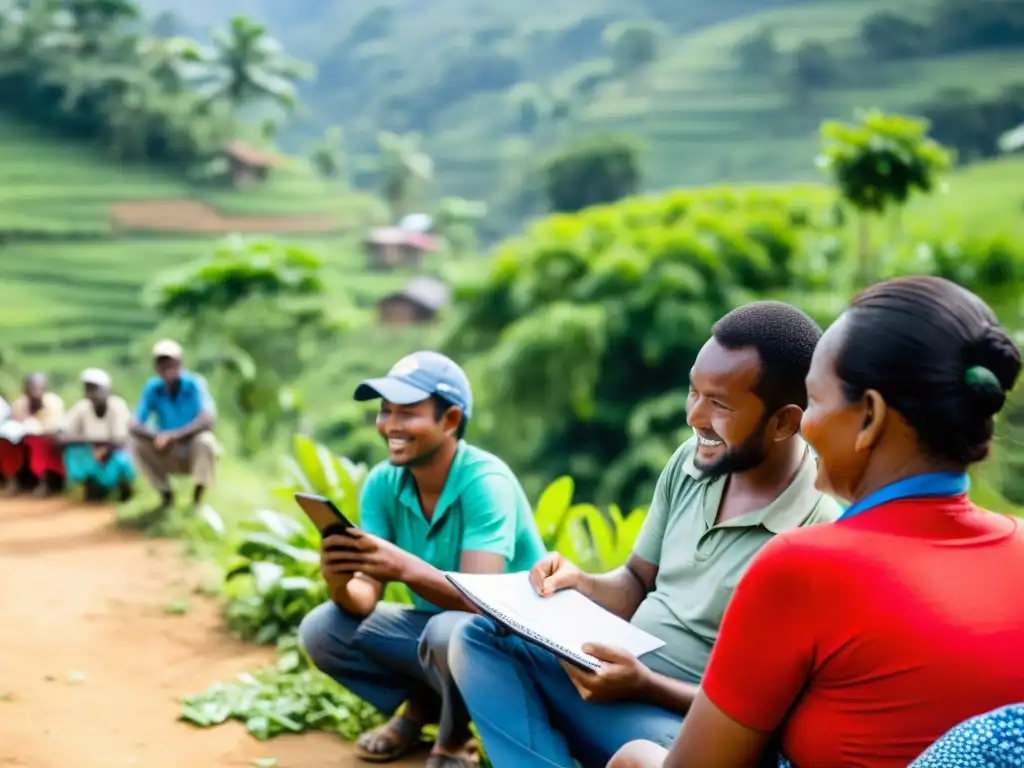 Trabajadores de ONG en comunidad rural, recopilando datos para sistemas seguimiento impacto