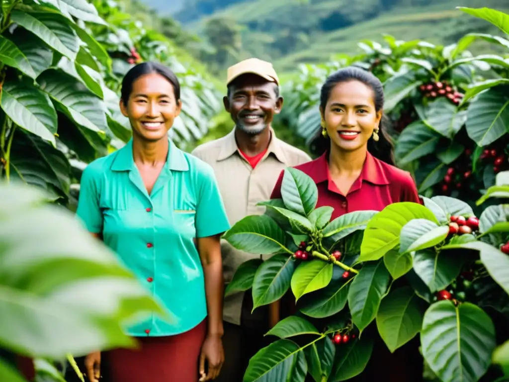 Trabajadores de cooperativa de comercio justo cosechando café en plantación tropical, reflejando el impacto de las ONGs en comercio justo