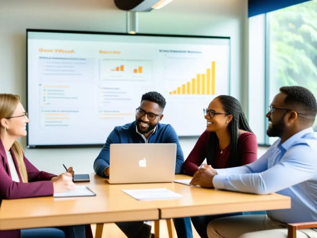 Profesionales sin fines de lucro optimizan estrategias de donantes Trabajadores de ONG colaboran para implementar CRM en gestión de donantes, rodeados de luz natural, estrategizando y analizando datos