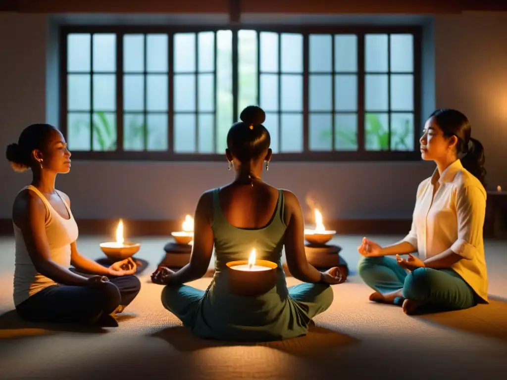 Trabajadores de ONG practican meditación para la gestión del estrés en una habitación iluminada por velas, con la ciudad al fondo