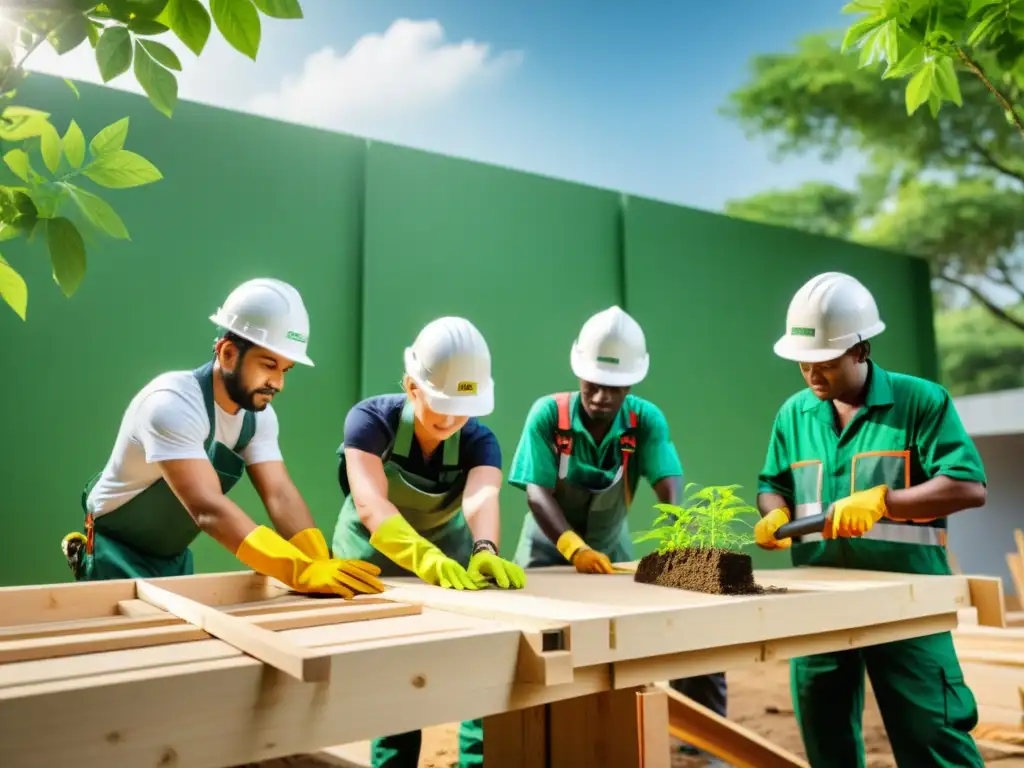 Trabajadores expertos construyendo un edificio sostenible en armonía con la naturaleza