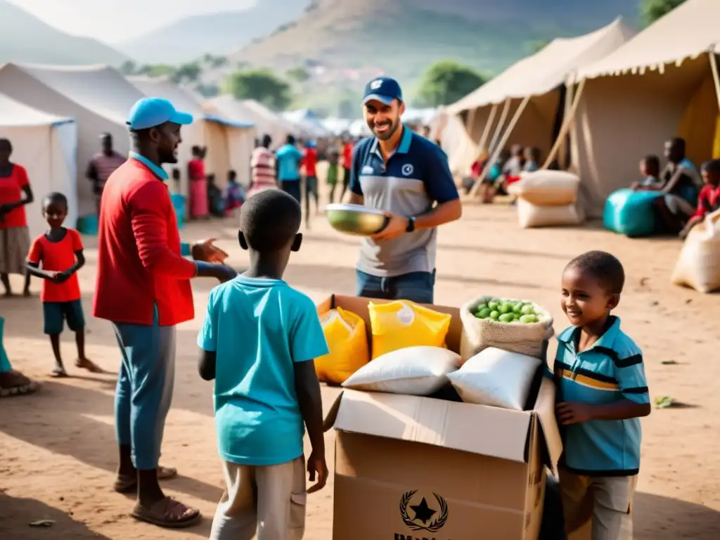 Trabajadores humanitarios distribuyendo ayuda en un campamento de refugiados, con niños jugando y voluntarios organizando la distribución