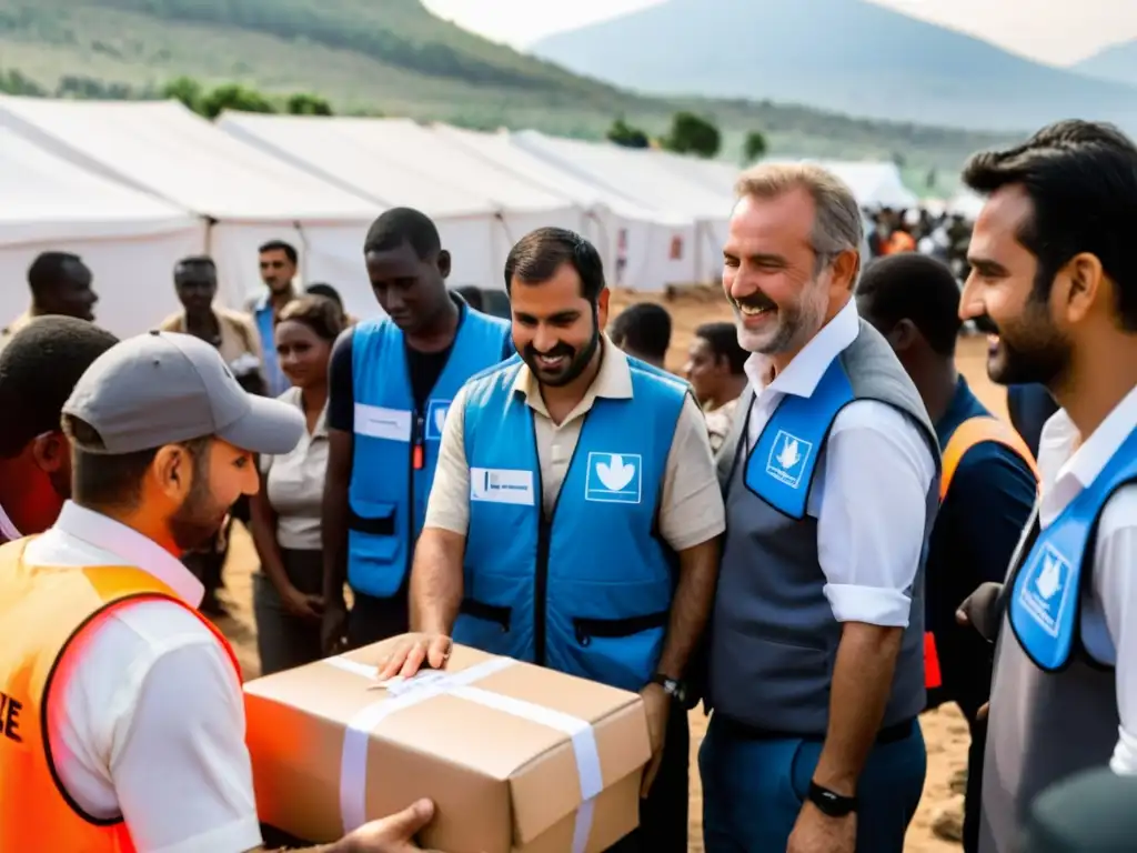 Trabajadores humanitarios distribuyen ayuda en un campamento de refugiados