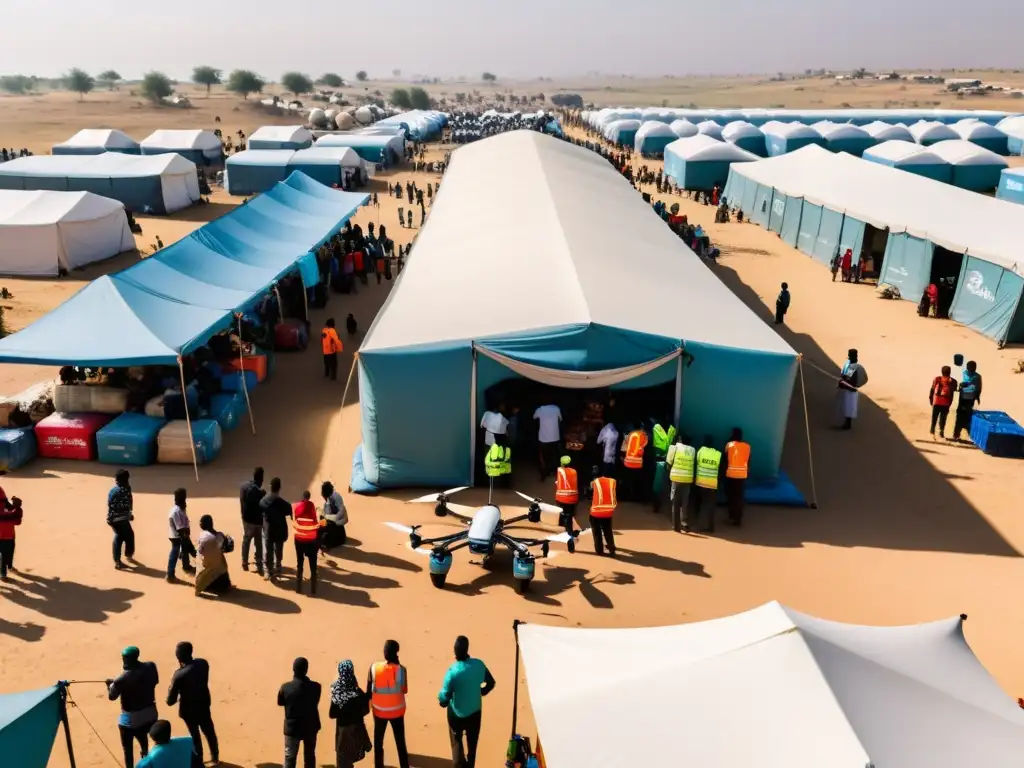 Trabajadores humanitarios distribuyen ayuda en un campamento de refugiados, con uso de inteligencia artificial para asistencia humanitaria ONG