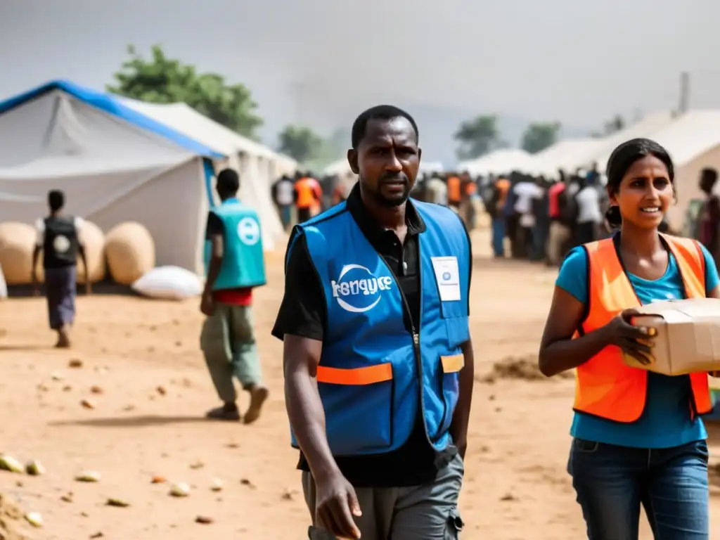 Trabajadores humanitarios distribuyen ayuda en campamento de refugiados, mostrando dilemas éticos en ONGs