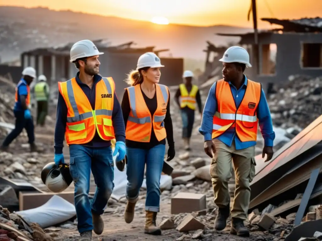 Trabajadores humanitarios brindan ayuda en zona de desastre al atardecer, reflejando el rol del liderazgo en crisis ONG