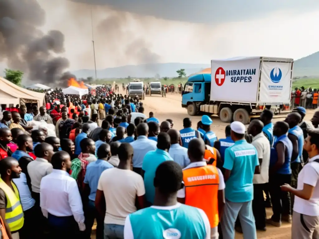 Trabajadores humanitarios distribuyen ayuda en zona de guerra, destacando la gestión efectiva de proyectos de ayuda humanitaria