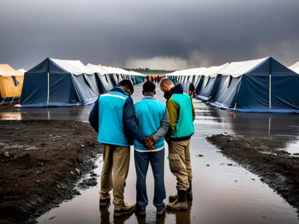 Trabajadores humanitarios en círculo, mostrando determinación y fatiga por compasión en ONGs en un campamento de refugiados desolado