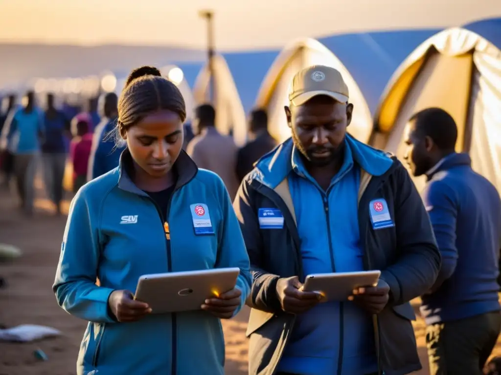 Trabajadores humanitarios usando tecnología para coordinar esfuerzos en un campamento de refugiados