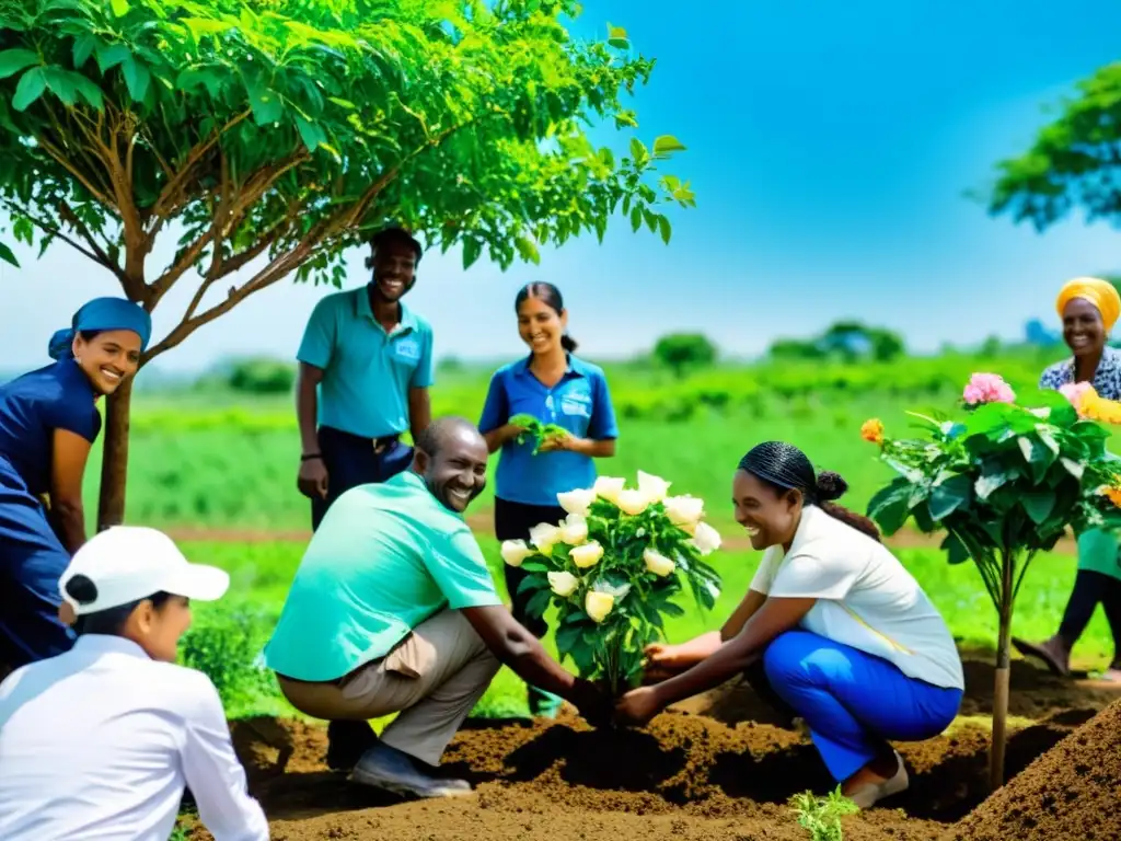 Trabajadores y miembros de la comunidad plantando árboles en un campo verde exuberante, rodeados de flores vibrantes y un cielo azul claro