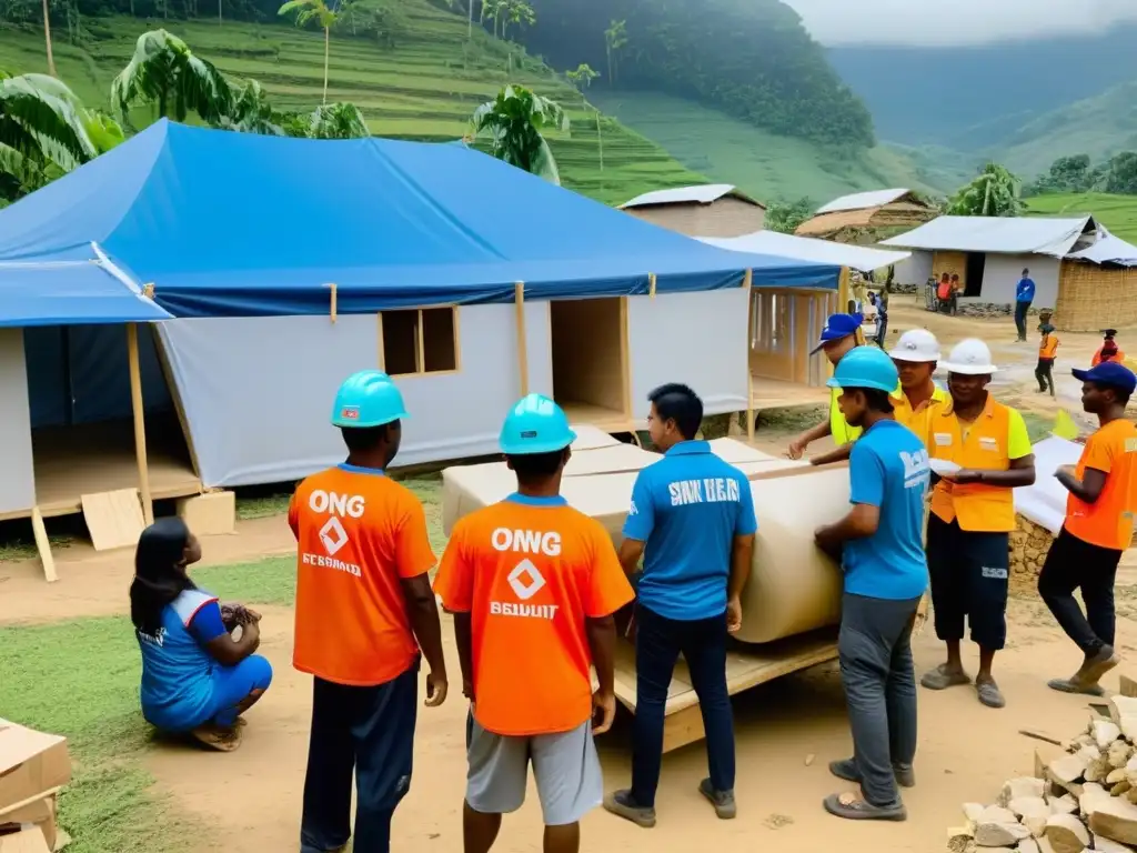 Trabajadores de ONG y miembros de la comunidad reconstruyen juntos un pueblo tras un desastre natural, destacando la flexibilidad organizativa en ONGs