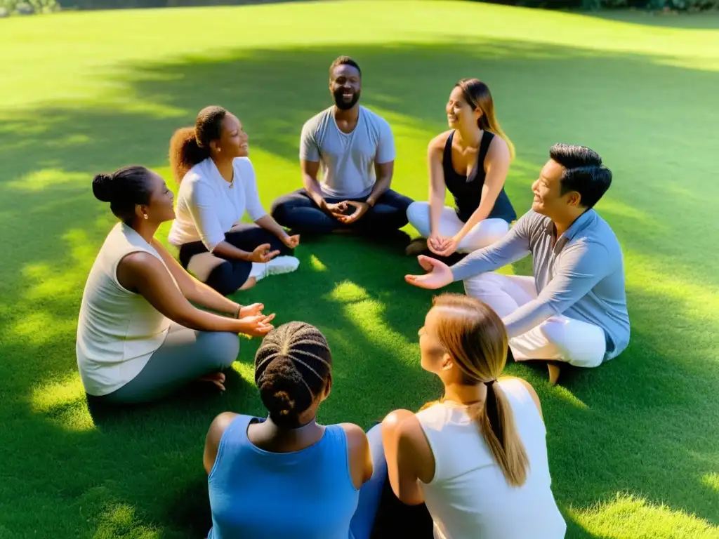 Trabajadores de ONGs practican mindfulness al aire libre, fomentando el autocuidado y bienestar integral