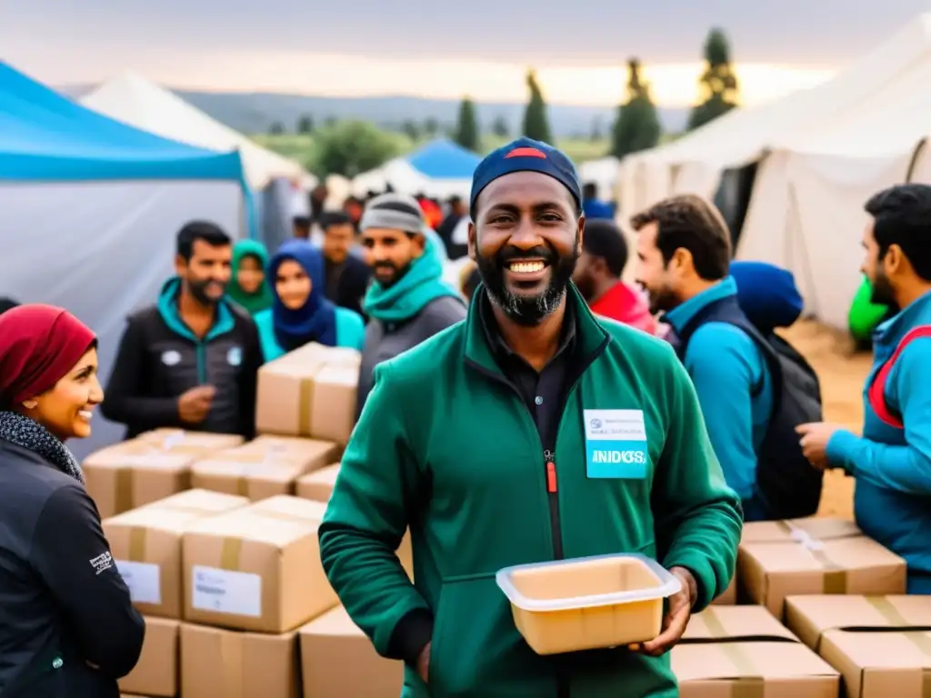 Trabajadores de ONGs brindan ayuda en un campamento de refugiados, mostrando cooperación internacional en tiempos de crisis